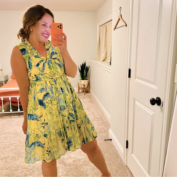 Banjanan Yellow Blue Cotton Bird Floral Mini Dress XS